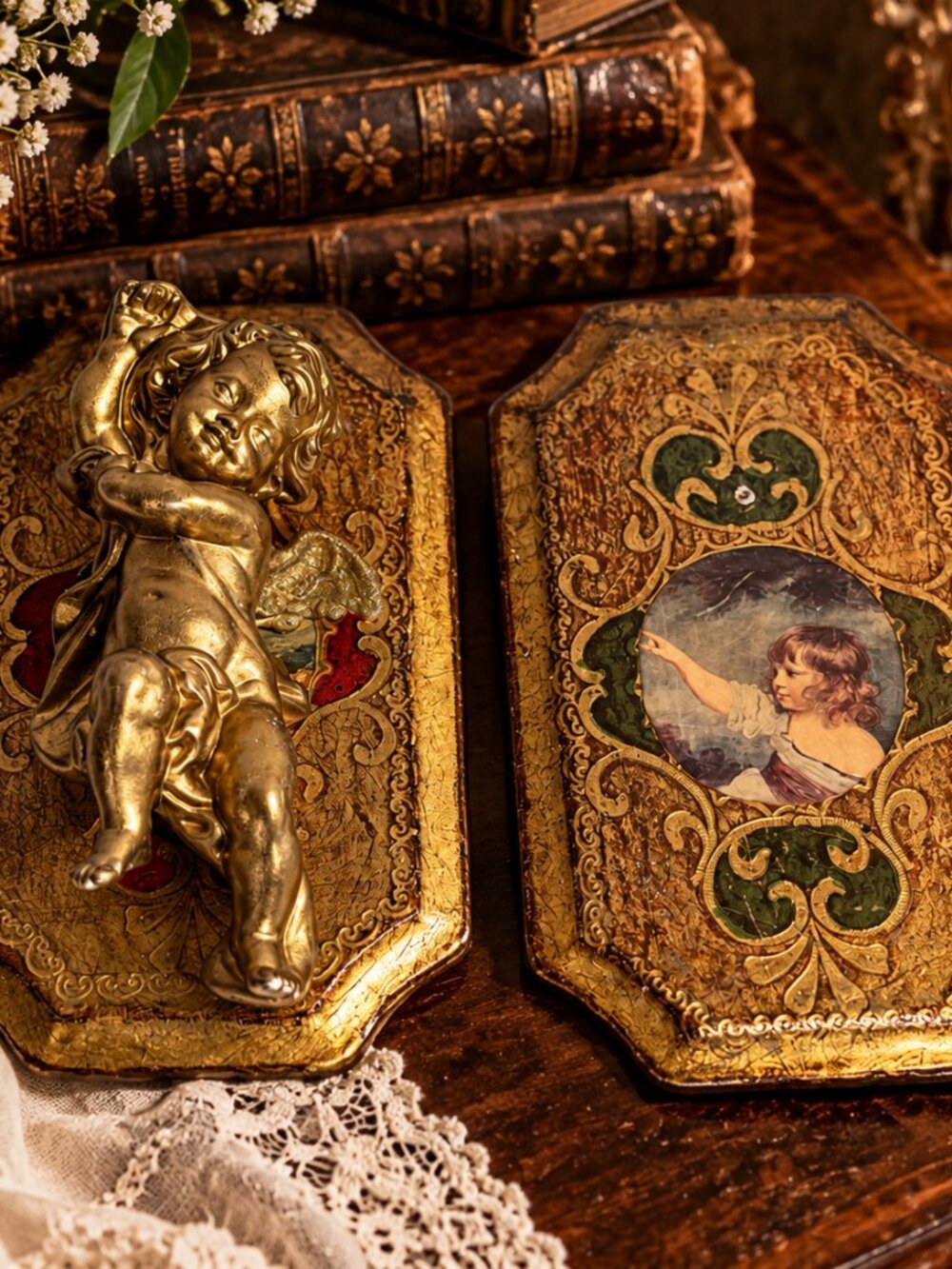 Vintage Florentine Style Gold Gilt Wall Plaques & Cherub – 3 Piece Set